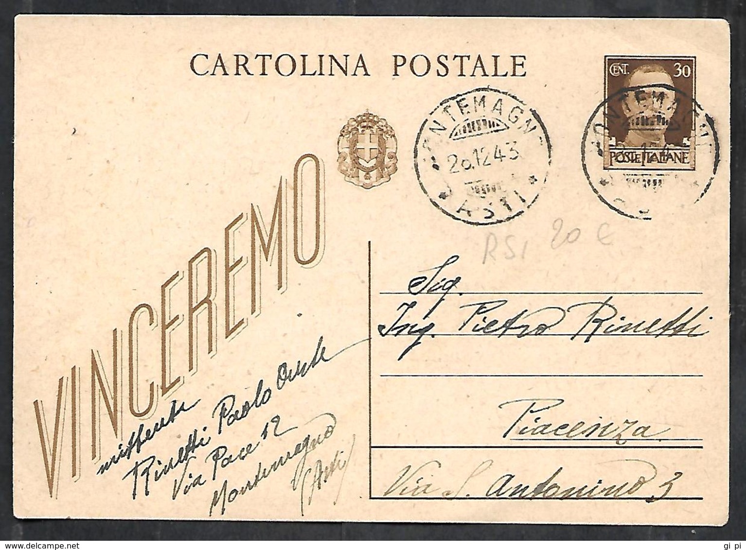 W341  - INTERO POSTALE 30 C. VINCEREMO USATO NEL 1943 - Entiers Postaux