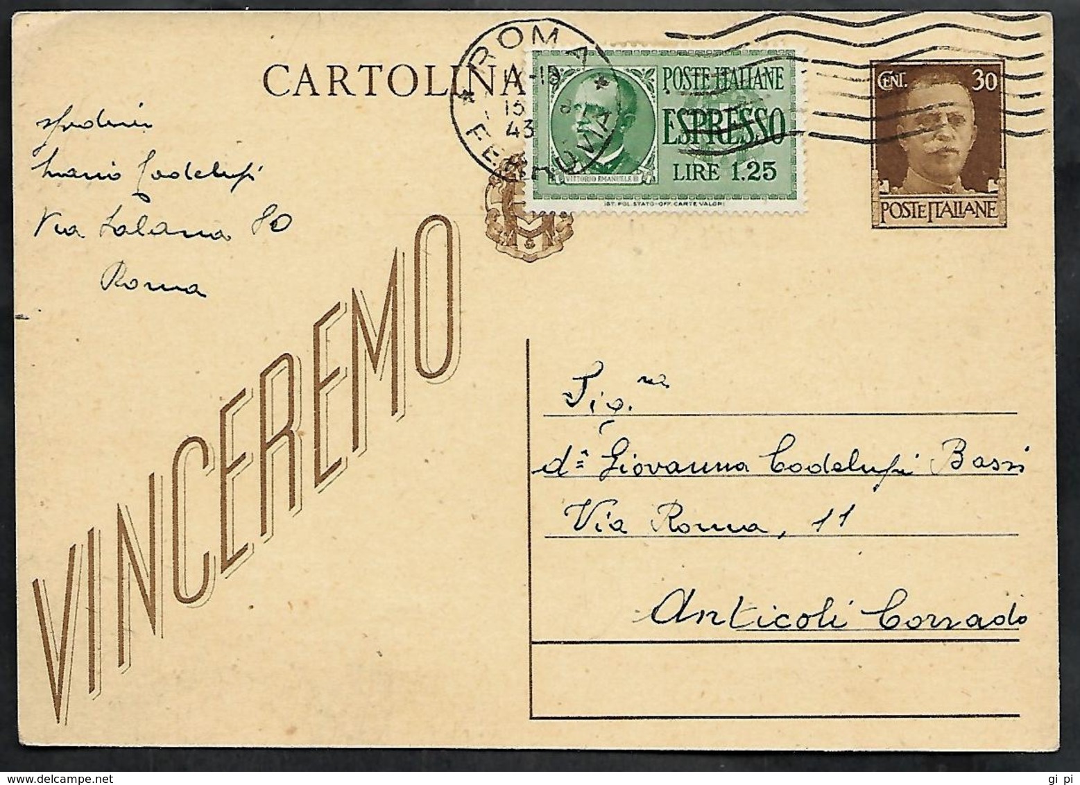 W342  - INTERO POSTALE 30 C. VINCEREMO USATO NEL 1943 - Stamped Stationery