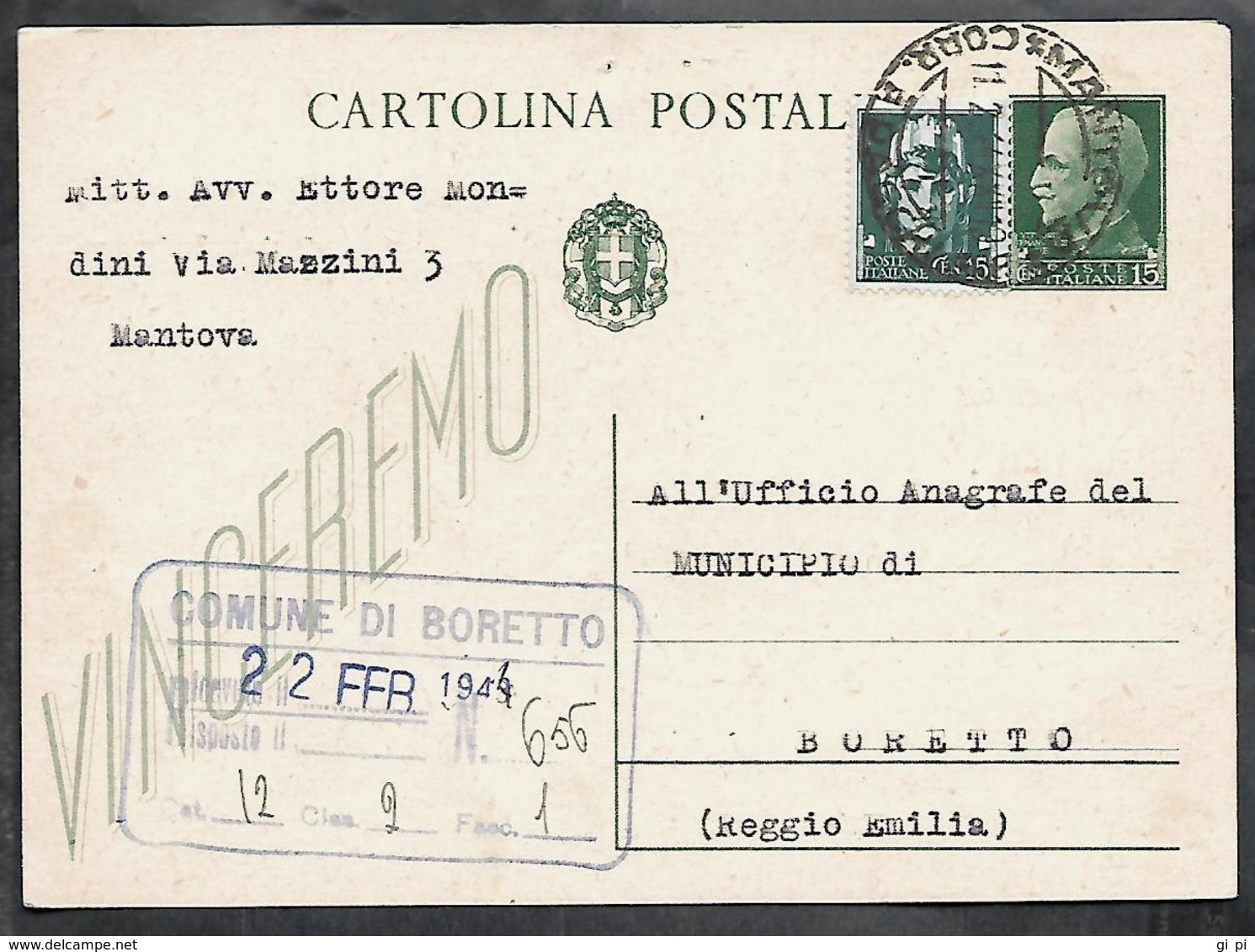 W344  - INTERO POSTALE 15 C. VINCEREMO CHIARO USATO NEL 1944 - Stamped Stationery