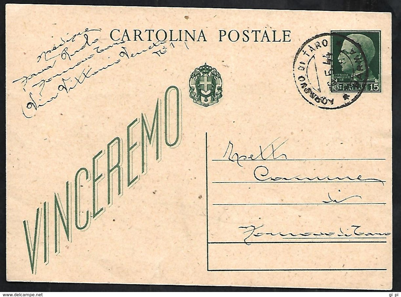 W344  - INTERO POSTALE 15 C. VINCEREMO CHIARO USATO NEL 1944 - Postwaardestukken