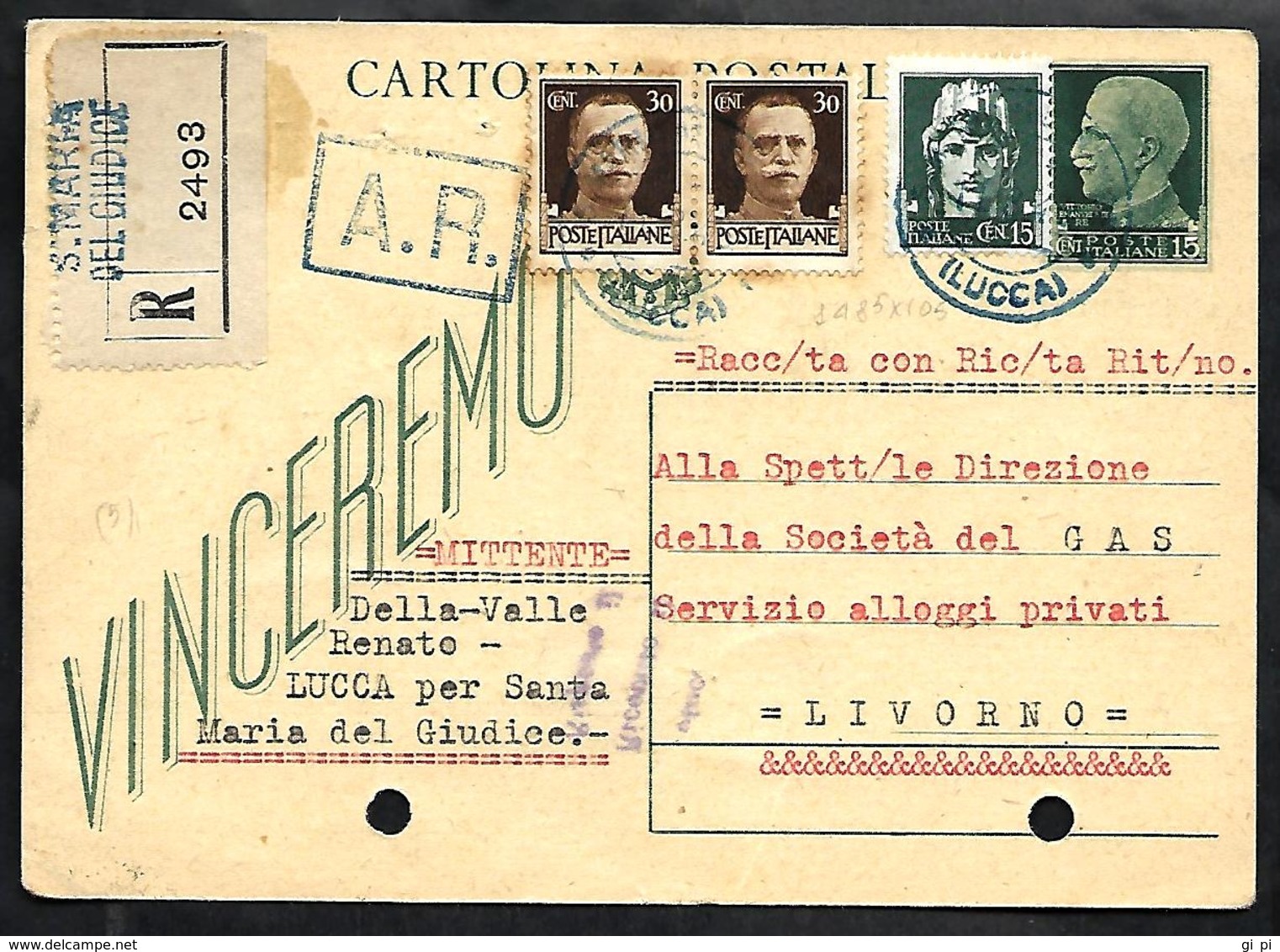 W346  - INTERO POSTALE 15 C. VINCEREMO USATO NEL 1943 - Stamped Stationery