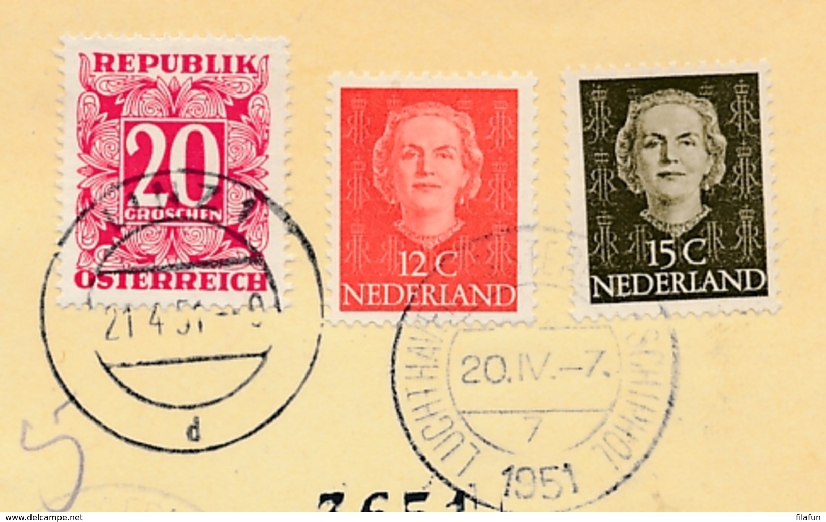 Nederland / Österreich - 1951 - 12 & 15 Cent En-face Op Taxed R-First Flight Amsterdam - Linz - Luftpost