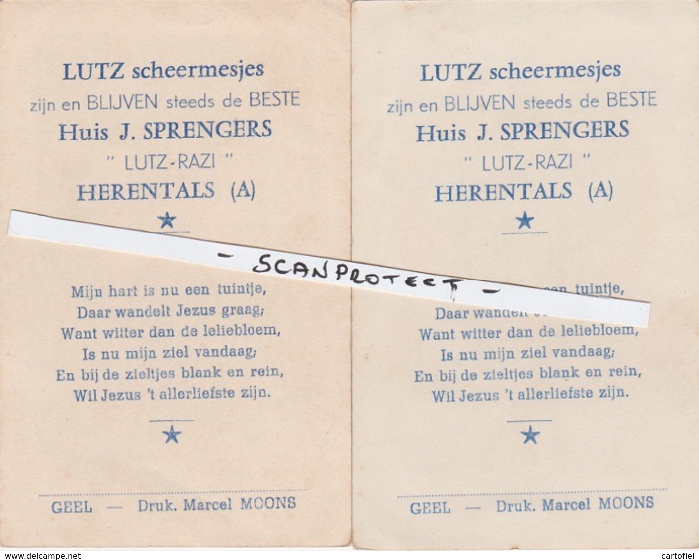 HERENTALS-2 RECLAMEPRENTJES-LUTZ SCHEERMESJES-HUIS J.SPRENGERS-GEGEVEN BIJ DE COMMUNIE-DRUKKERIJ MOONS-GEEL-ZIE 2 SCANS! - Herentals