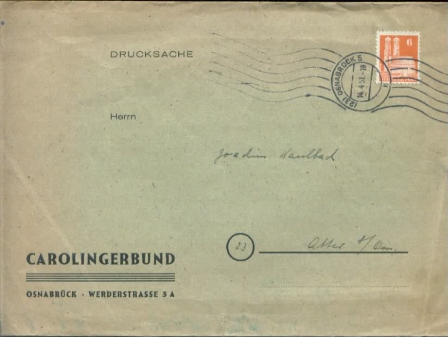 15365 BRD Bauten 6 Pfg EF Carolingerbund Osnabrück 1951 , Bedarfserhaltung. Versand Im Grossbrief. - Covers & Documents