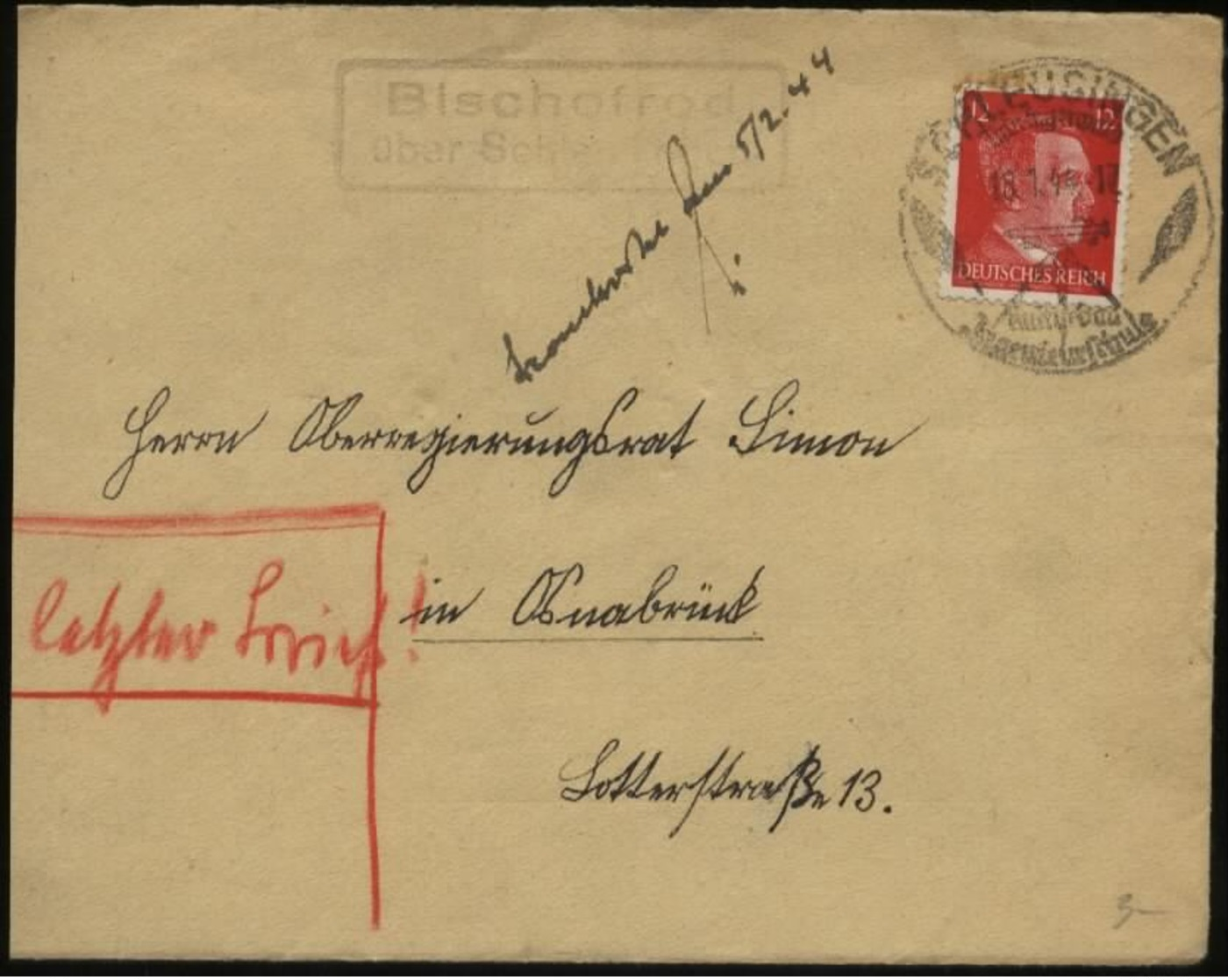 S1764 DR Hitler Brief, Gebraucht Mit Landpost Stempel Bischofrod über Schleusingen - Osnabrück 1944,Bedarfserhaltung. - Lettres & Documents
