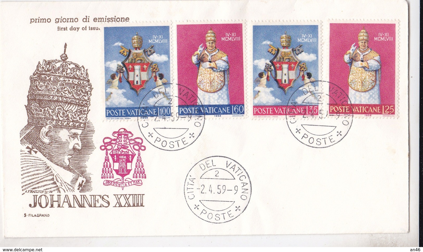 CITTA DEL VATICANO JOHANNES XXIII 1° GIORNO EMISSIONE 2-4-59 AUTENTICA 100% - Poste