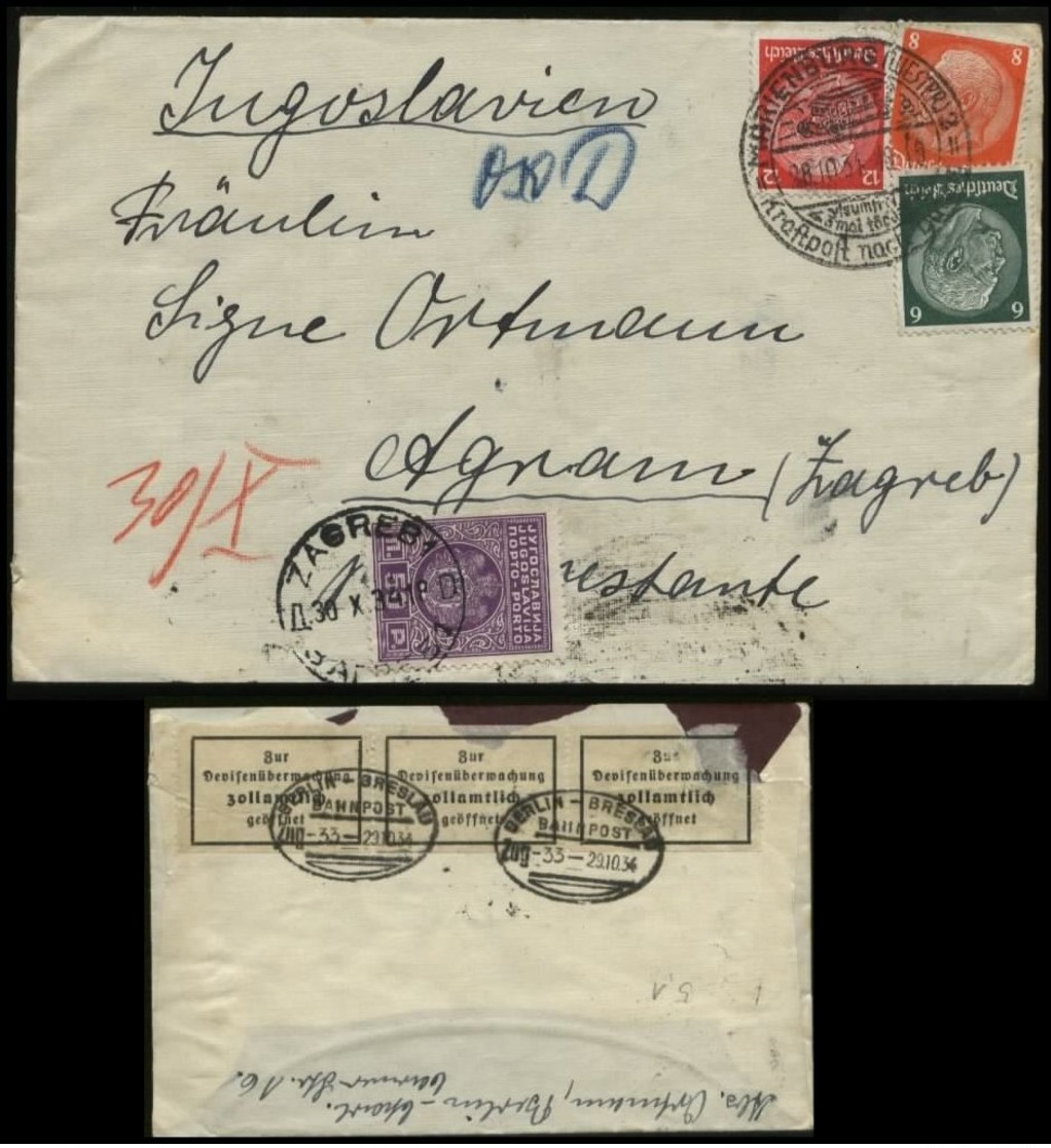 S2200 DR Briefumschlag: Gebraucht Marienburg - Agram Zagreb Kroatien , Jugoslavien Mit Devisenkontrolle Und Postlager - Covers & Documents