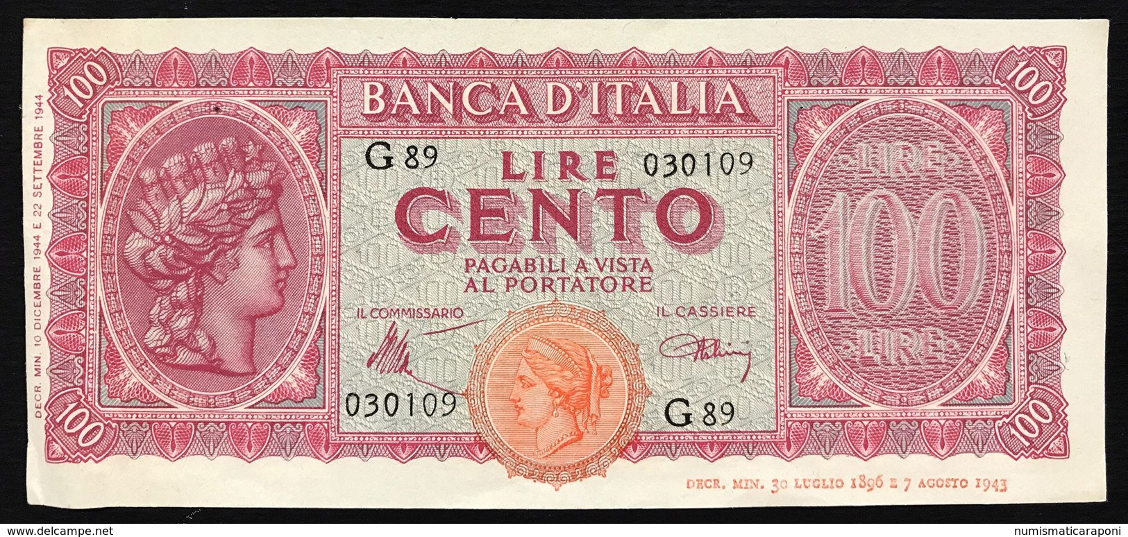 100 LIRE ITALIA TURRITA 10 12 1944  OTTIMO ASPETTO E BEI COLORI Spl+ LOTTO 2661 - 100 Lire