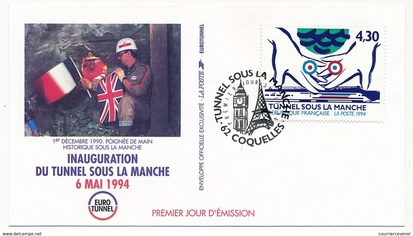 FRANCE - 4 Enveloppes De La Poste - "Tunnel Sous La Manche" - (1 Série) Obl 62 COQUELLES - 3 Mai 1994 - 1990-1999