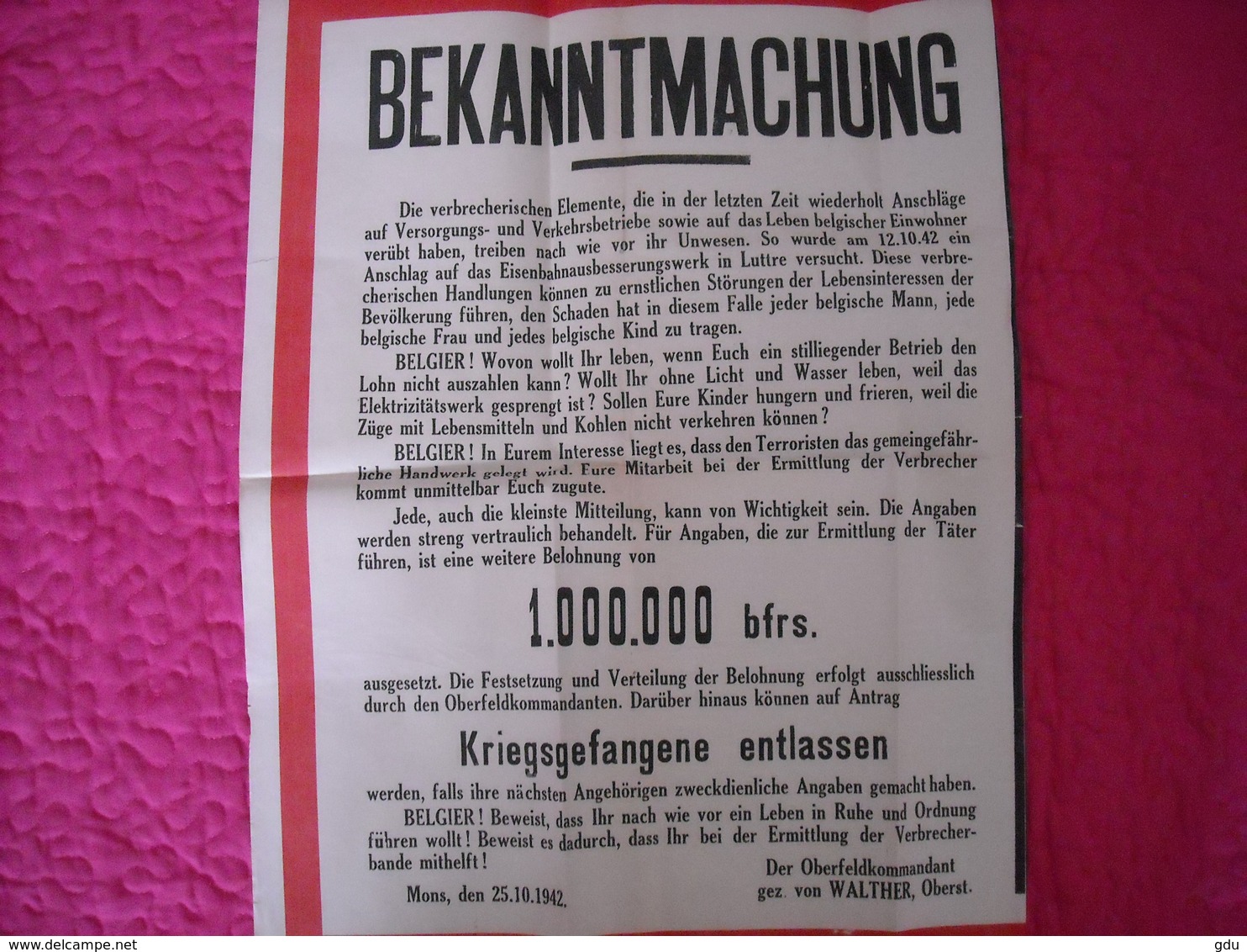 Affiche Authentique De L'Oberfeldkommandant 1942 ( Attentats - Récompense ) - 1939-45