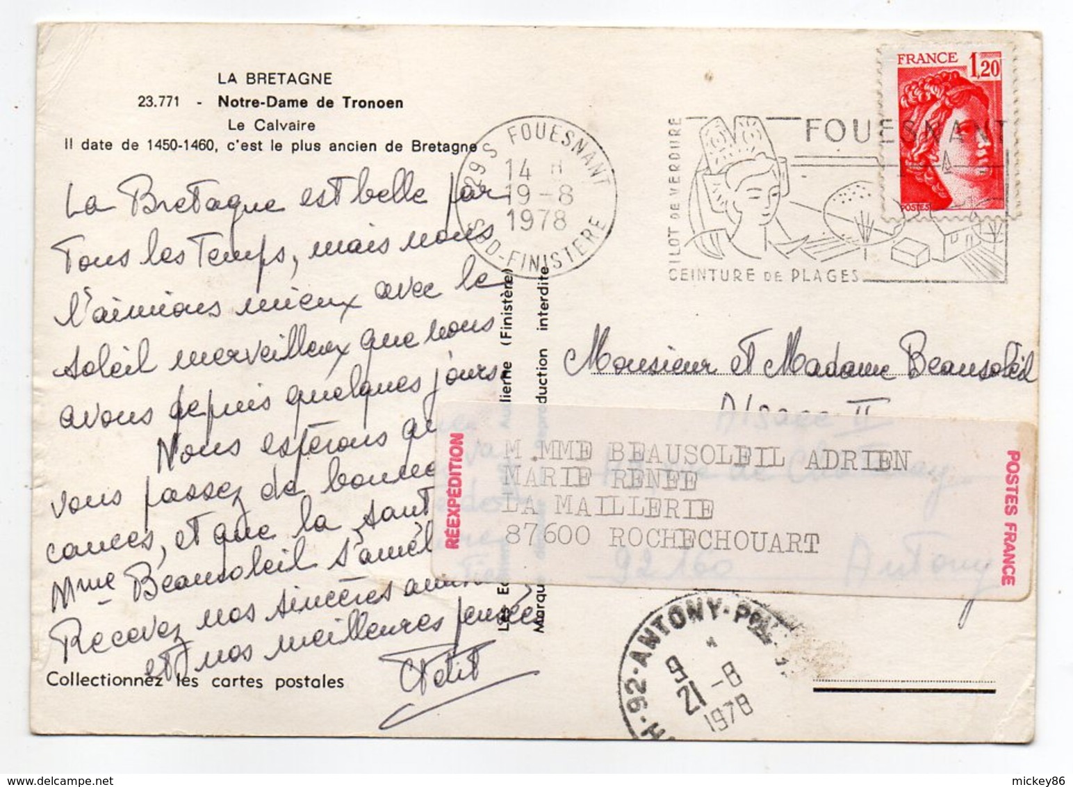 SAINT JEAN TROLIMON --1978--Le Calvaire -- Timbre --cachet - Saint-Jean-Trolimon
