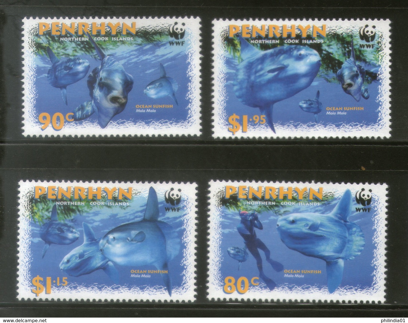 Penrhyn 2003 WWF Ocean Sunfish Marine Life Fish Sc 462-65 Fauna MNH # 322 - Unused Stamps