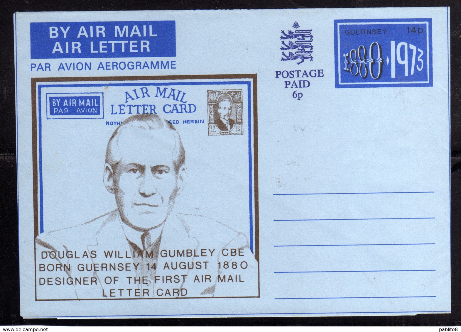 GUERNSEY GUERNESEY 1880 1973 AEROGRAM AEROGRAMME AEROGRAMMA POSTAL STATIONARY DOUGLAS WILLIAM GUMBLEY UNUSED NUOVO - Guernesey