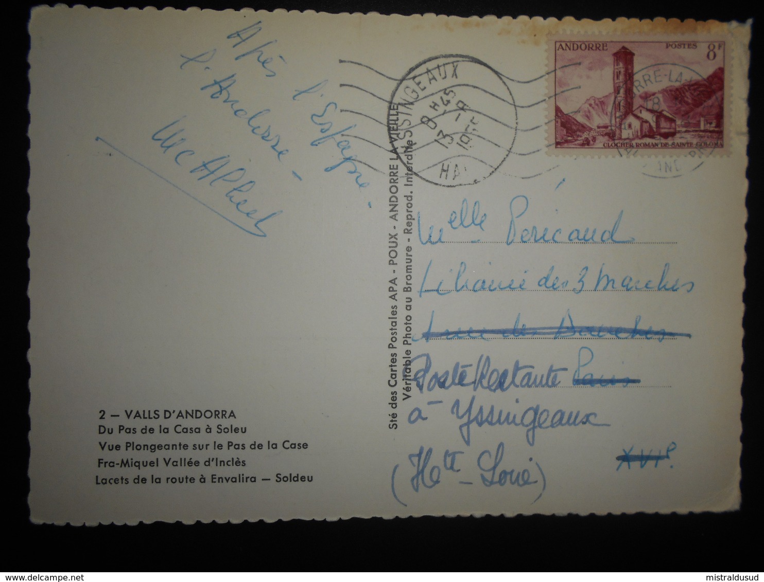 Andorre Français Carte D Andorre La Vielle 1955 Pour Yssuigeaux - Briefe U. Dokumente