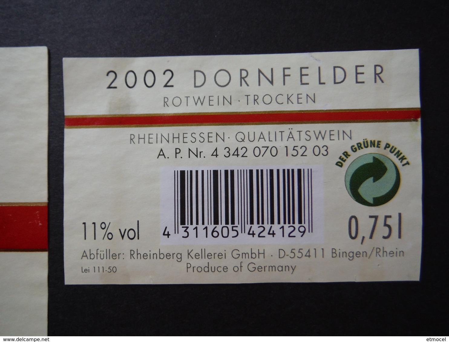 Rheinhessen Dornfelder 2002 - Rheinbergkellerei Bingen - Deutschland - Altri & Non Classificati