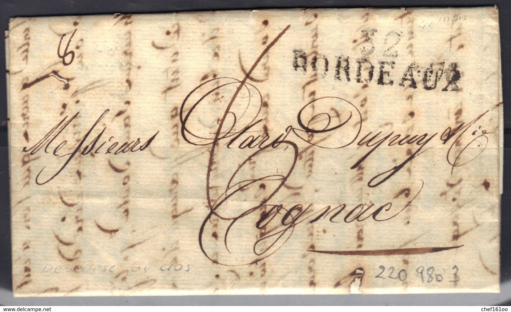 Angoulême (Charente) : DEB.15/ANGOULEME En Rouge Sur LAC De Bordeaux Signée Baudot, Indice 22 (700 €), 1814. - 1801-1848: Précurseurs XIX