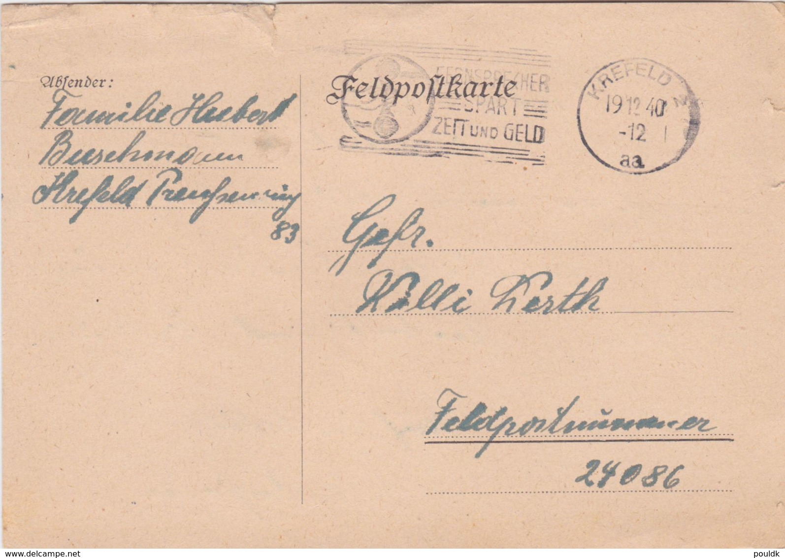 German Feldpost WW2: To France - 1. Kompanie Landesschützen-Bataillon 286 FP 24086 P/m Krefeld 19.12.1940 - Militaria