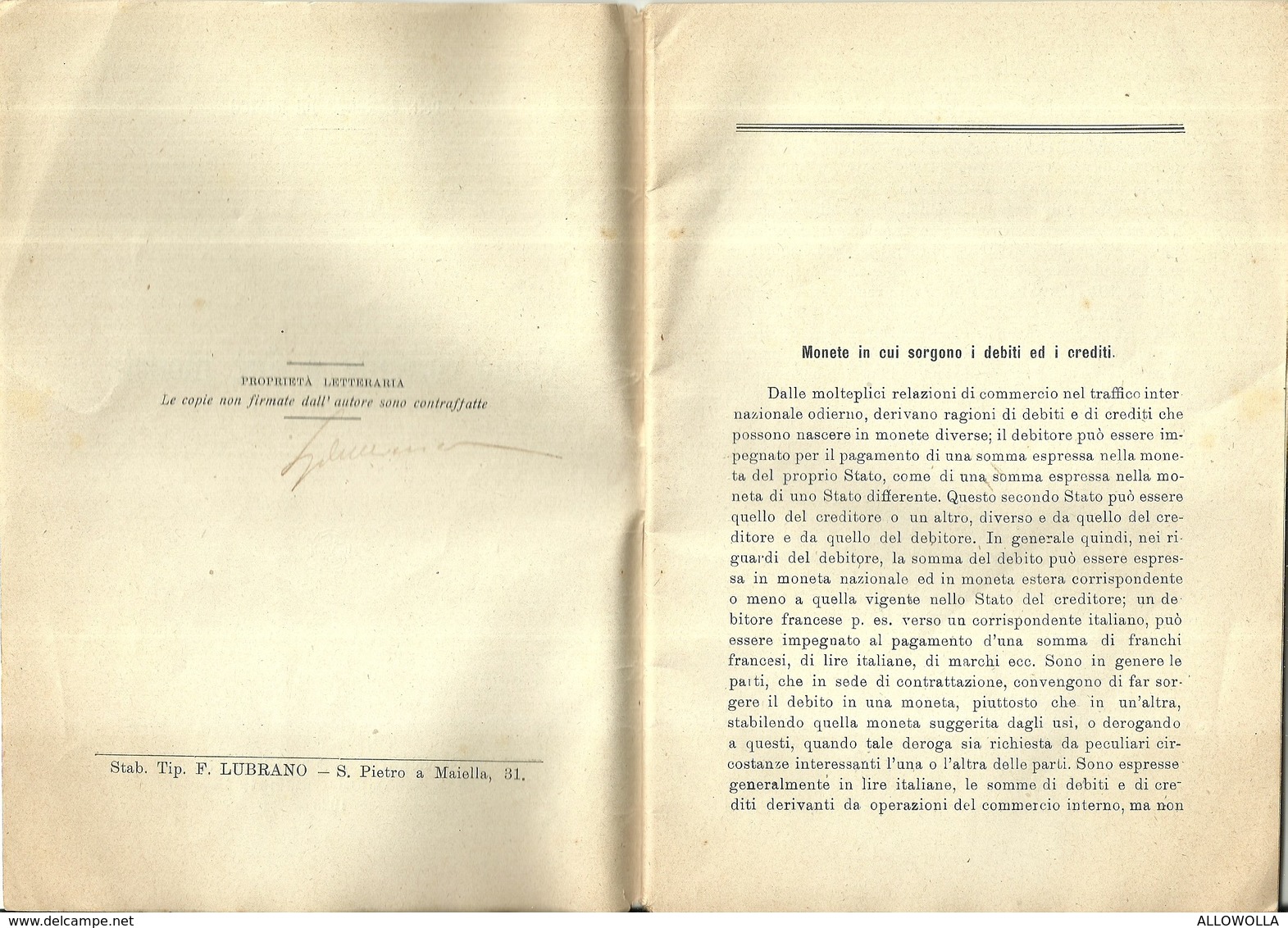 5049"CONTO CORRENTE A DUE MONETE-DOTT. LORENZO DE MINICO-NAPOLI-MAJO EDITOR-1923" 54 PAGINE+COPERTINE-AUTOGRAFATA- ORIG. - Droit Et économie