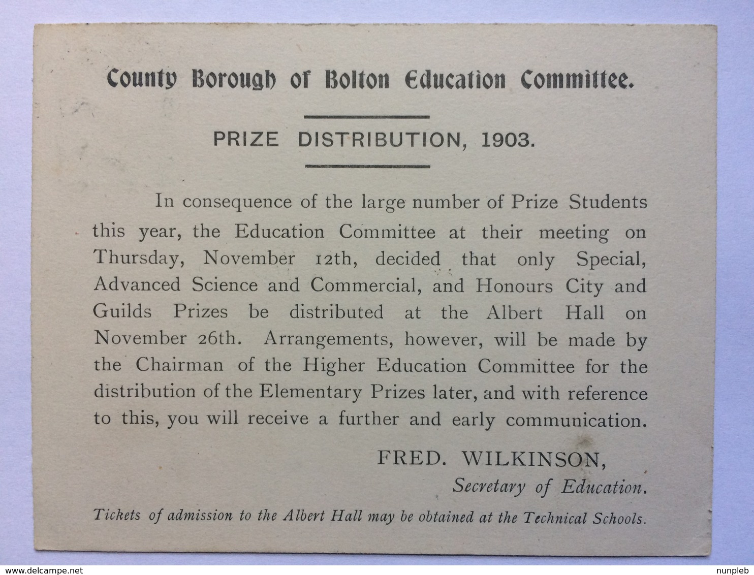 GB Edward VII PPC - Bolton Square Cancel Internal - `County Borough Of Bolton Education Committee` - Briefe U. Dokumente