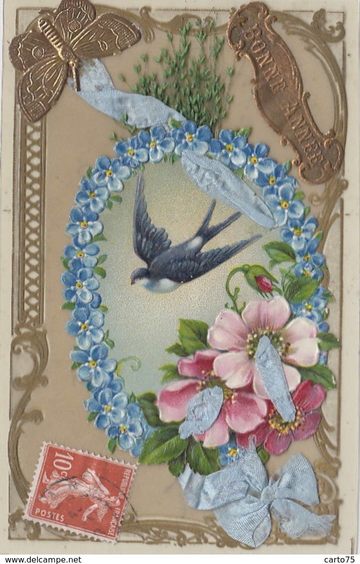 Matériaux Différents - Carte Porcelaine - Celluloid - Découpis à Charnière - Fleurs Et Rubans - Porzellan