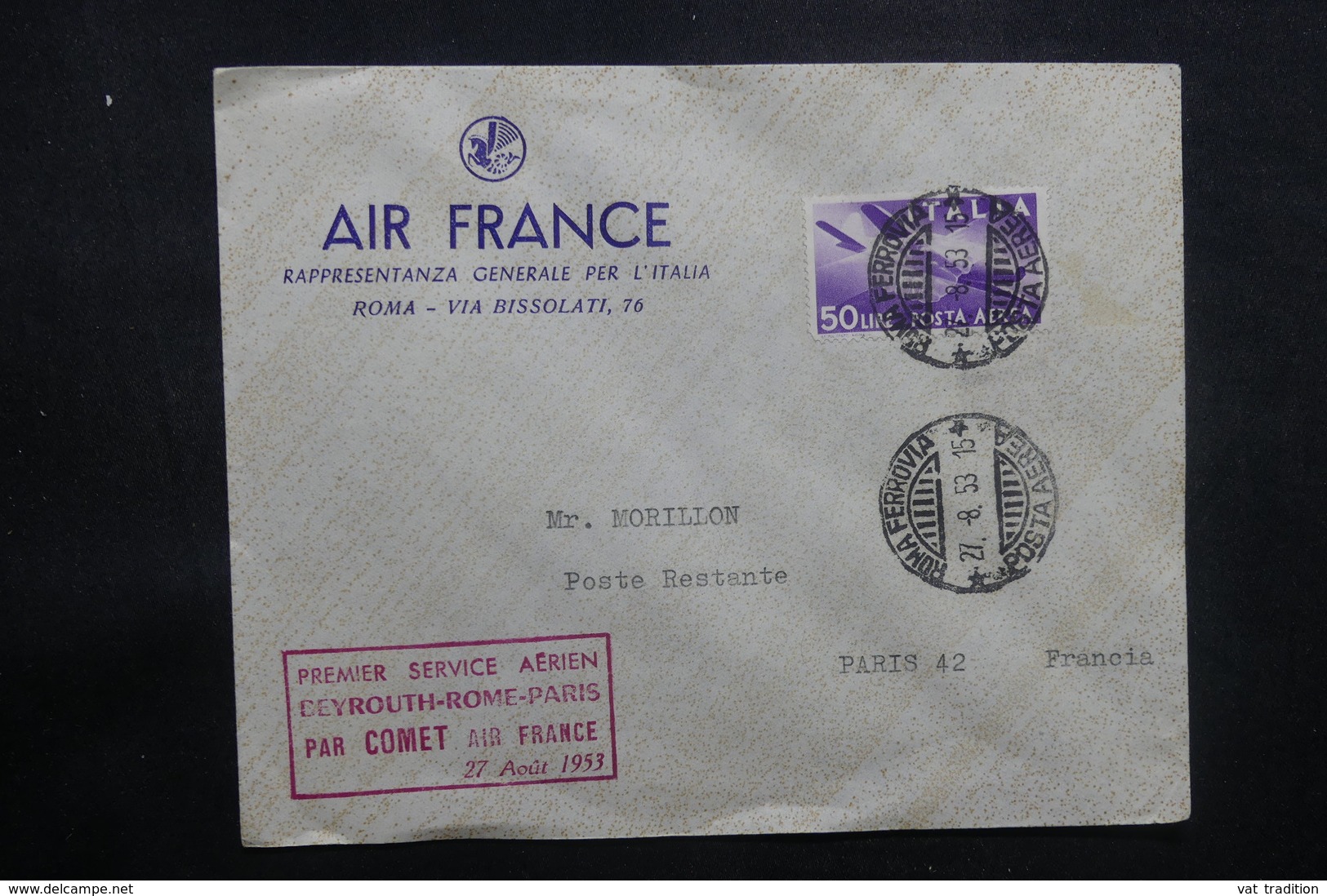 ITALIE - Enveloppe De Rome Par 1er Vol Beyrouth / Rome/ Paris En 1953, Affranchissement Plaisant. - L 37490 - 1946-60: Storia Postale