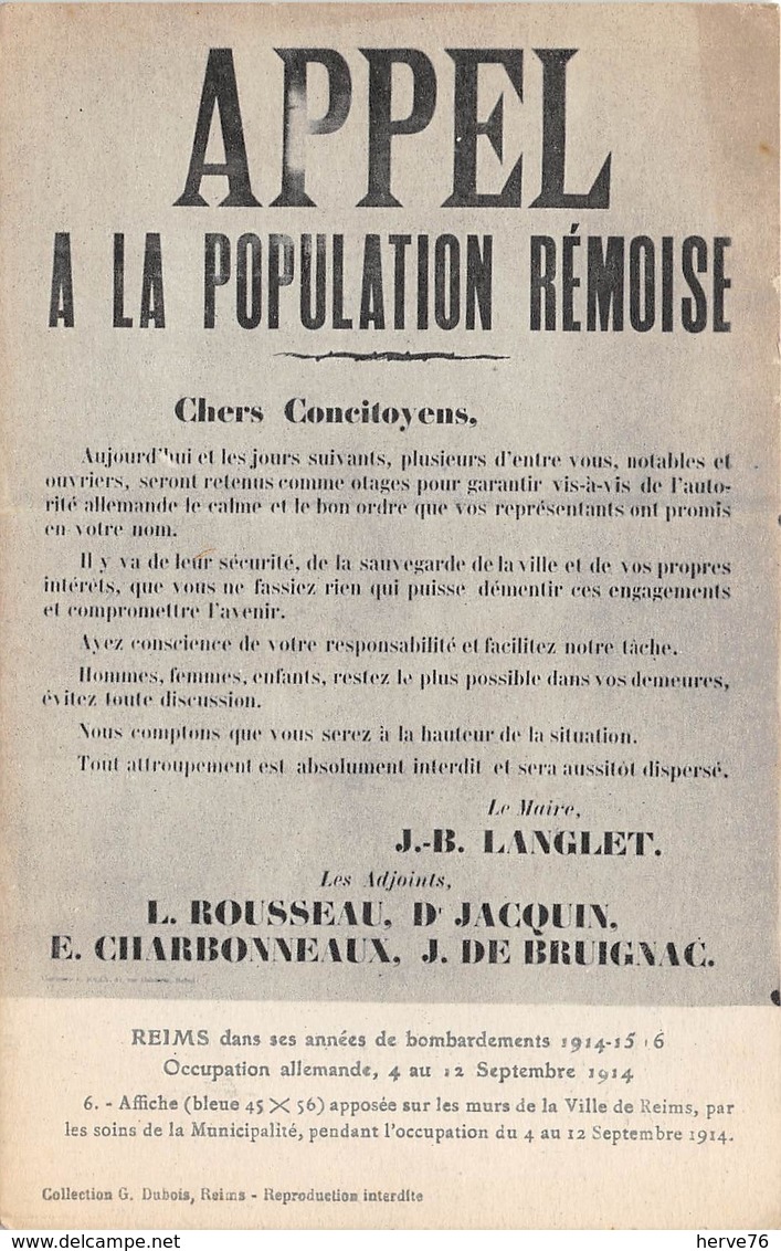 REIMS - APPEL à La Population Rémoise - Affiche Apposée Sur Les Murs De La Ville Pendant L'occupation - Reims