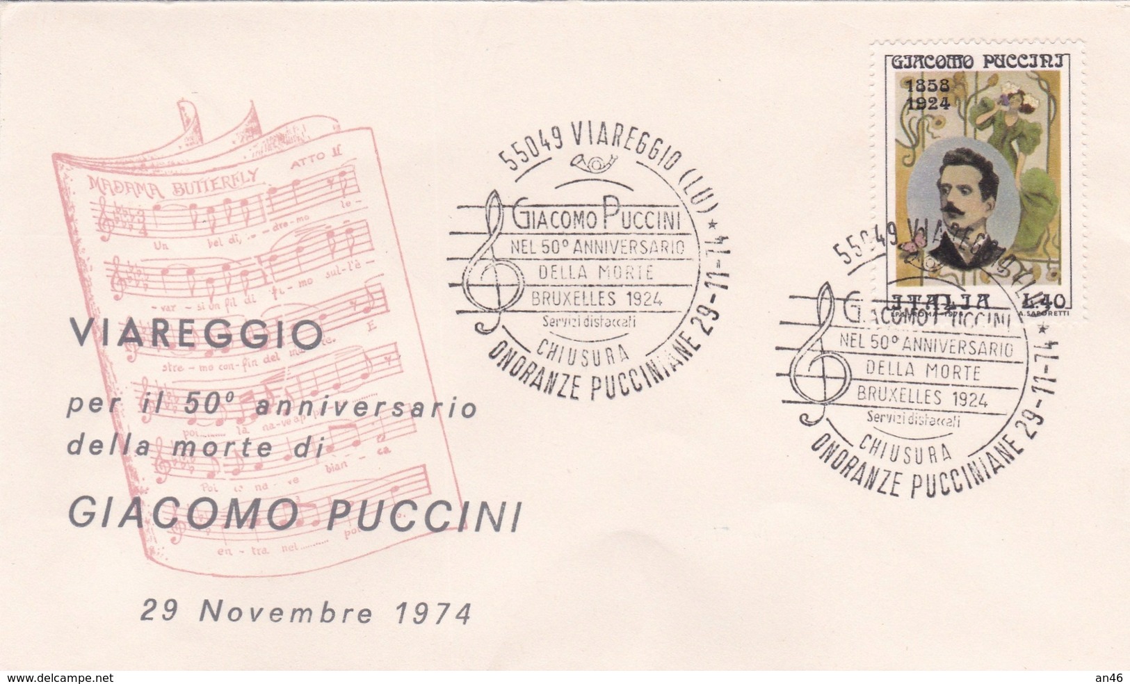 VIAREGGIO 50à ANNIVERSARIO MORTE GIACOMO PUCCINI    1° GIORNO EMISSIONE 5 DEC 1962 AUTENTICA 100% - Posta