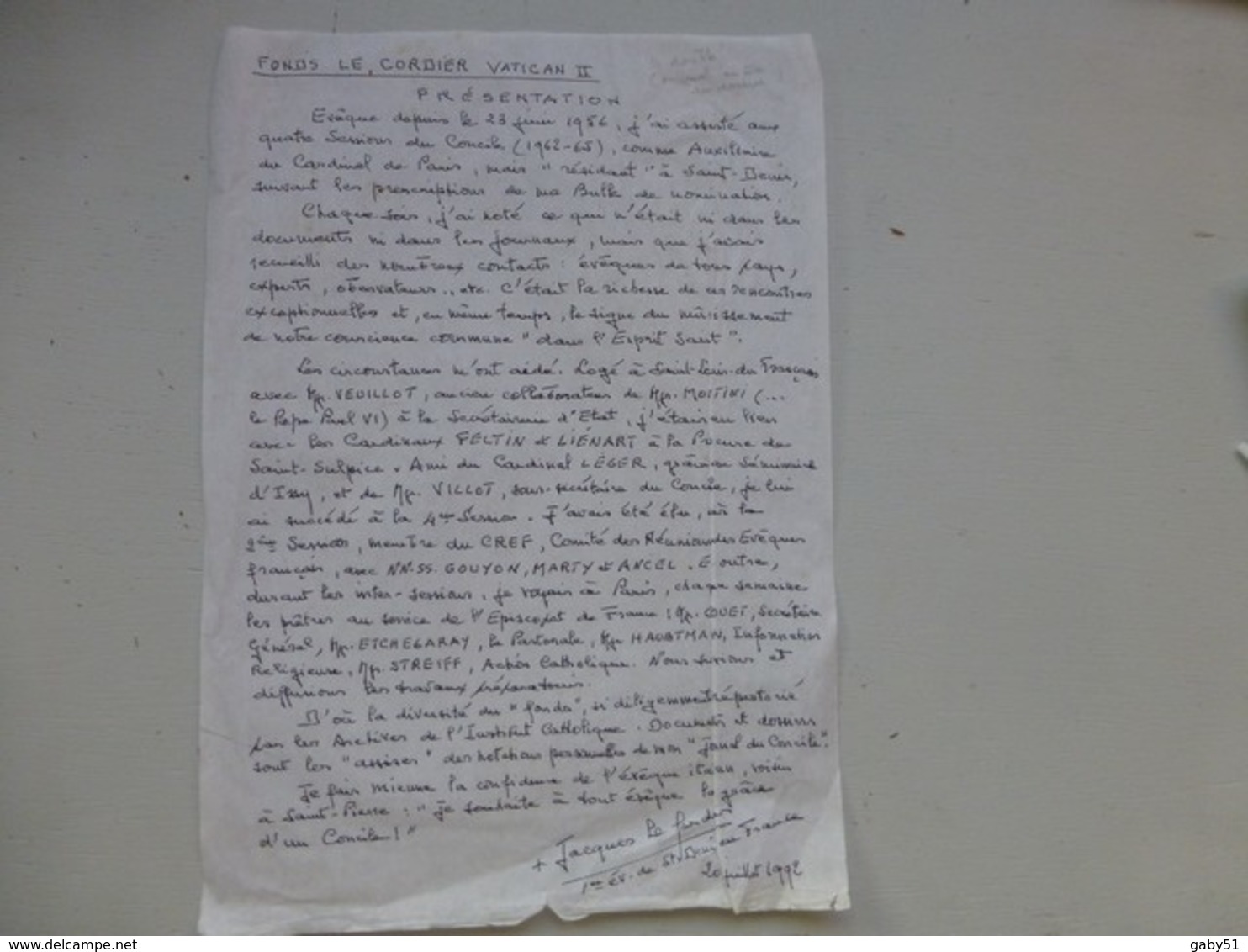 Biographie Autographe De Mgr Le Cordier, évêque St-Denis, Pour Fonds Le Cordier Vatican II, TOP, Ref 467 ; PAP05 - Altri & Non Classificati