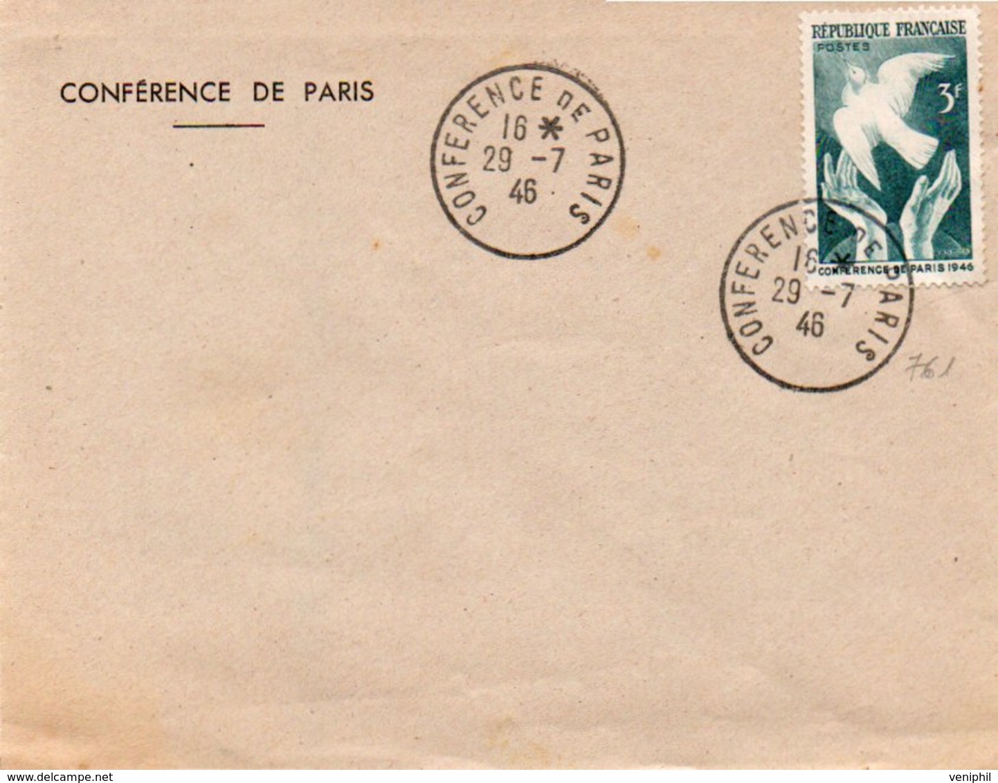 LETTRE AFFRANCHIE N° 761 CONFERENCE DE PARIS 1946 AVEC CAD CONCORDANT - TB - Commemorative Postmarks