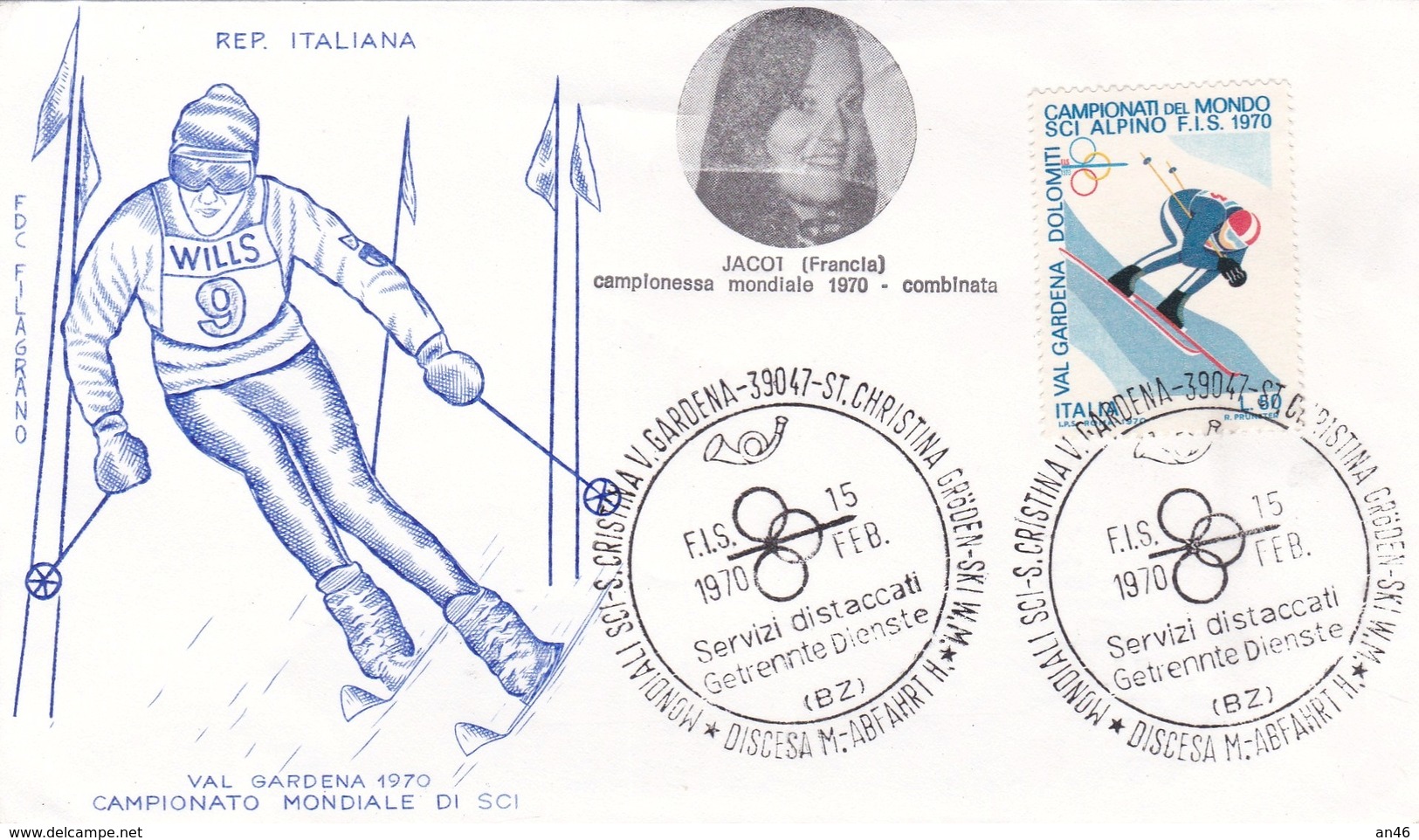 JACOT CAMPèIONATO MONDIALE DI SCI   1° GIORNO EMISSIONE 15 FEB 1970 AUTENTICA 100% - Posta