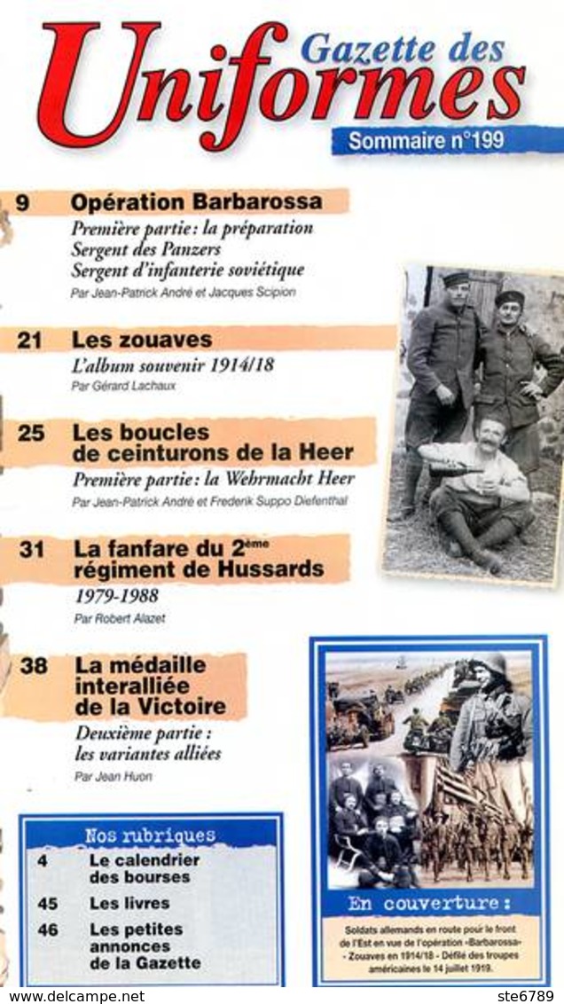 GAZETTE DES UNIFORMES 199 2002 Militaria Zouaves 1914 , Operation Barbarossa , Fanfare 2° Regiment Hussards - Francese