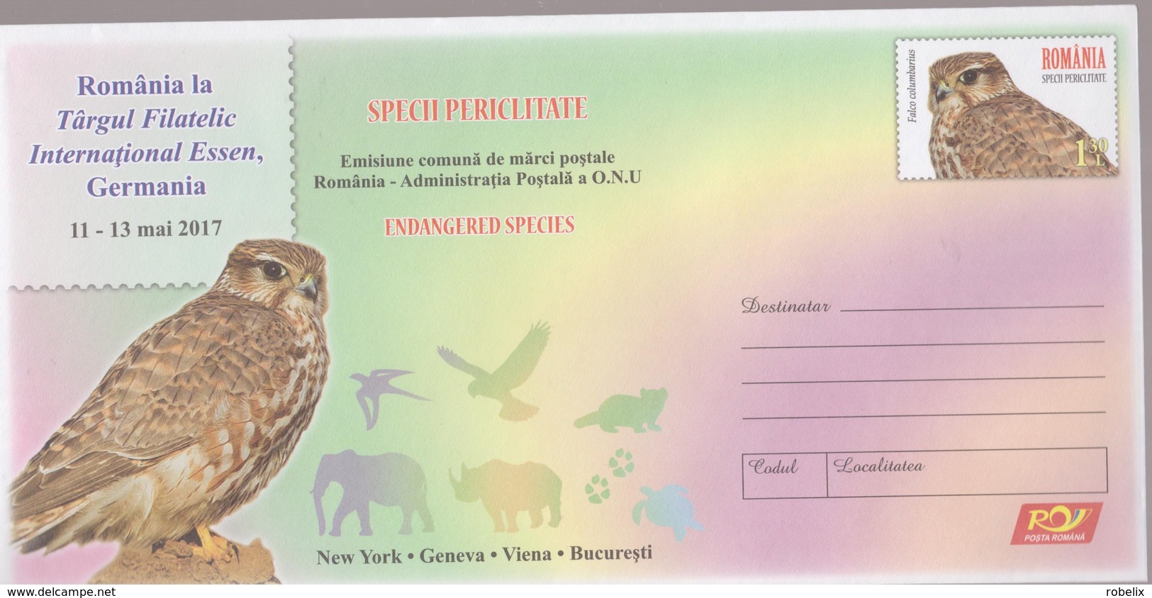 ROMANIA -2017 -FALCON - Endangered Species- Joint Issue Romania -United Nations - Cover Stationery(code 0112/2017) - Emisiones Comunes