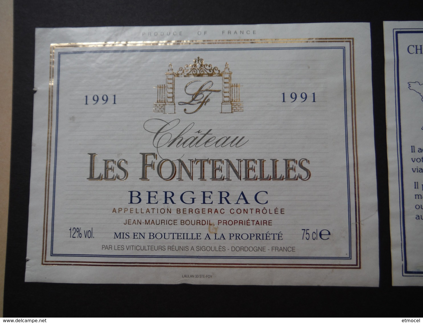 Bergerac Château Les Fontenelles 1991 - Viticulteurs Réunis à Sigoulès - Bergerac