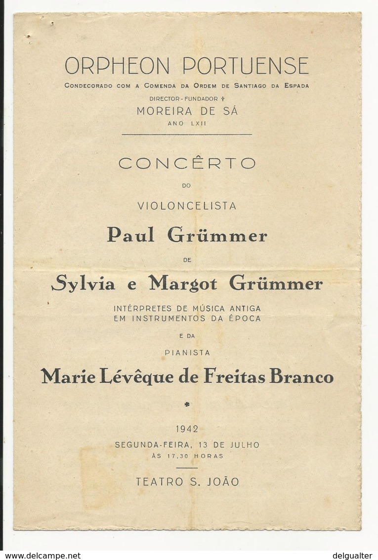 Program - Portugal - 13 Julho 1942 - Orpheon Portuense - Paul Grümmer - Programmes