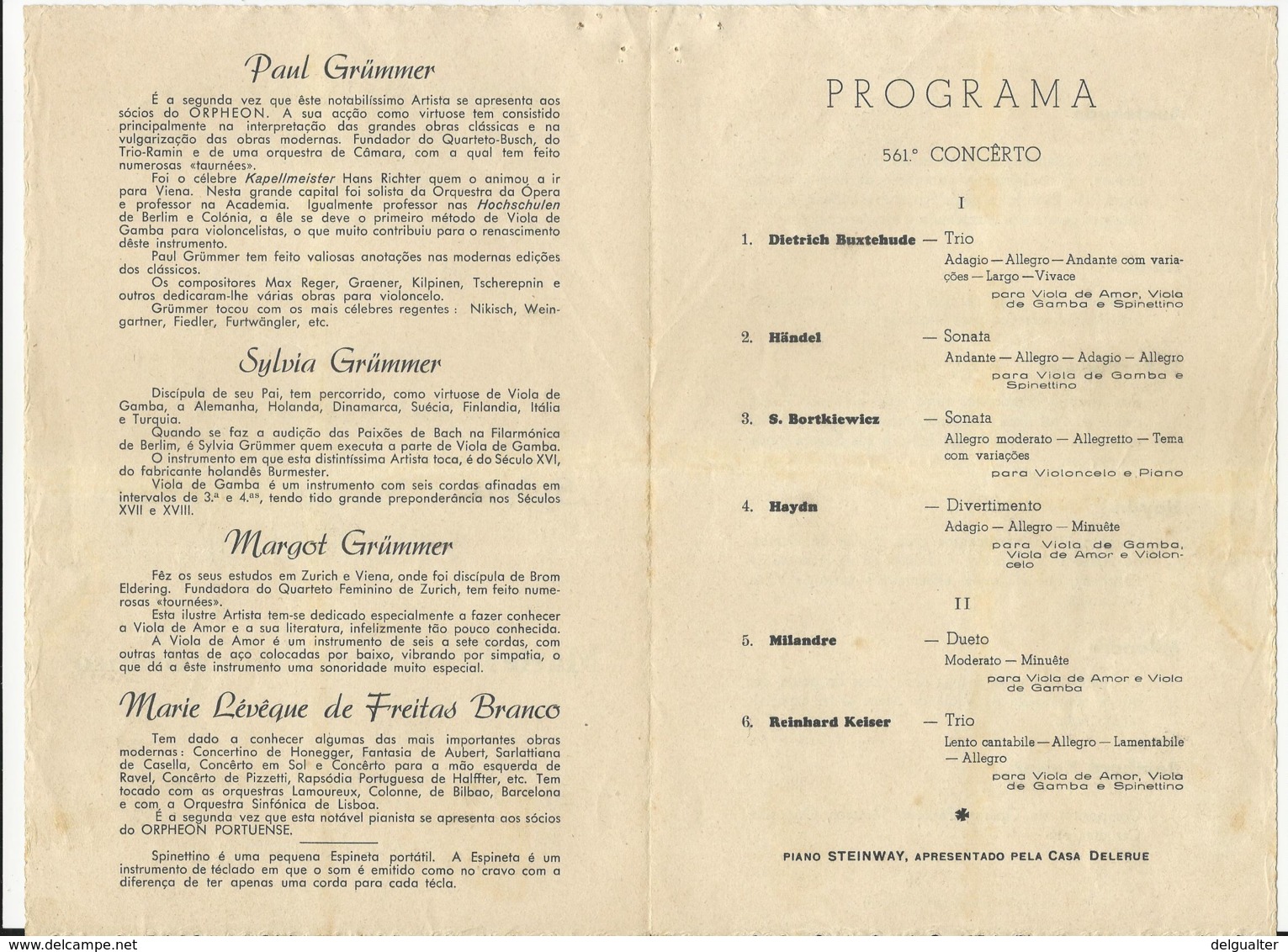 Program - Portugal - 13 Julho 1942 - Orpheon Portuense - Paul Grümmer - Programs