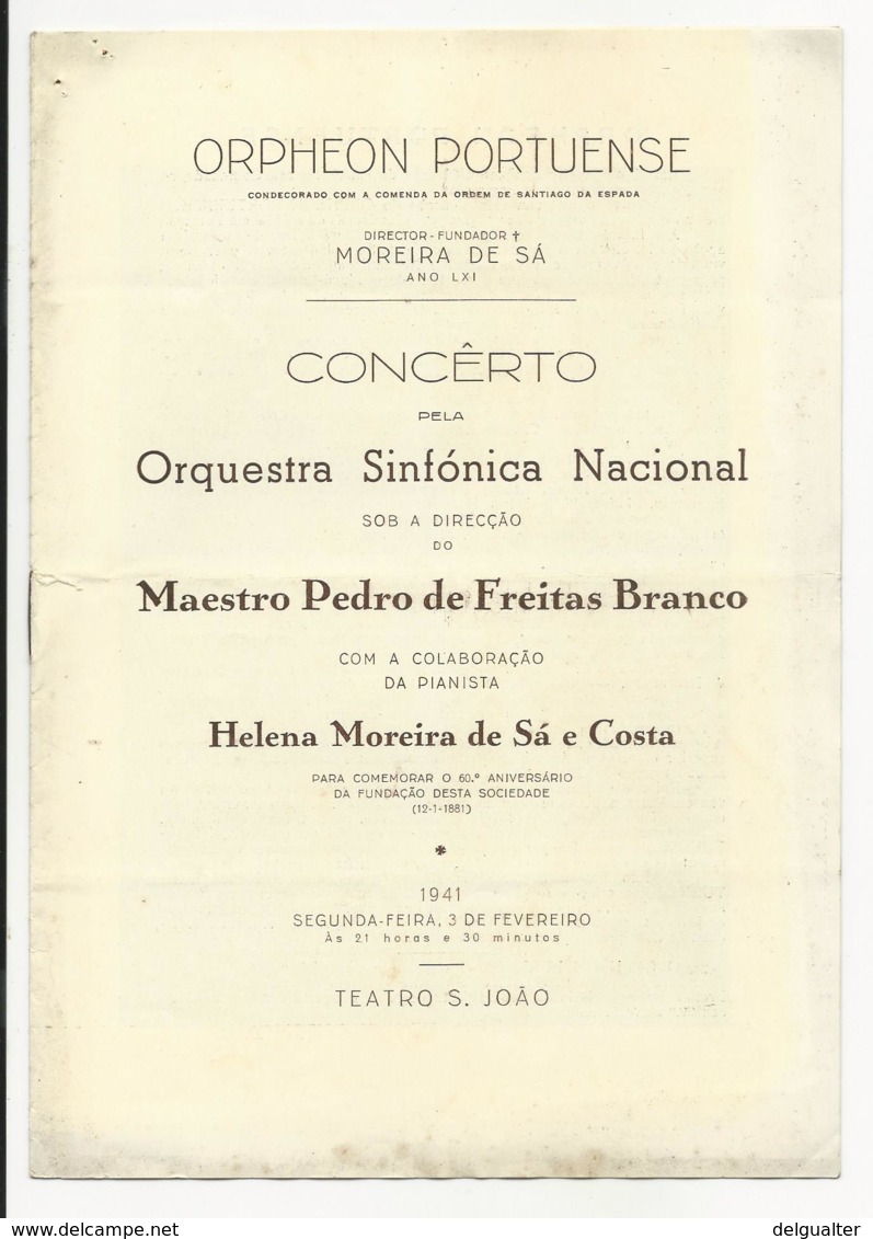 Program - Portugal - 3 Fevereiro 1941 - Orpheon Portuense - Orquestra Sinfónica Nacional - Programmes