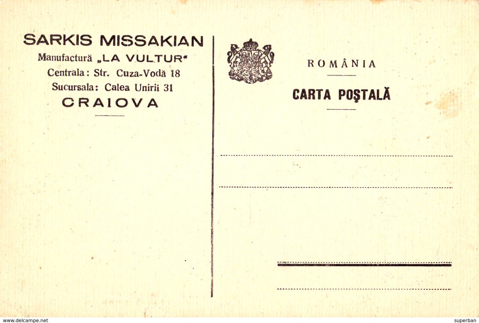 ROMANIA & ARMENIA / ARMENIE : PUBLICITÉ De COMMERCE / MANUFACTURE : SARKIS MISSAKIAN / CRAIOVA ~ 1935 - '939 (ac559) - Arménie