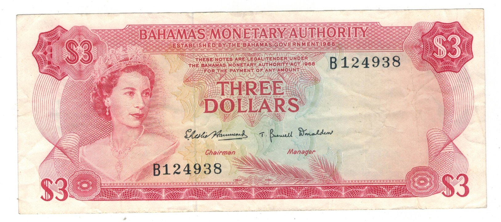 Bahamas 3 Dollars , L.1968. VF+. - Bahamas