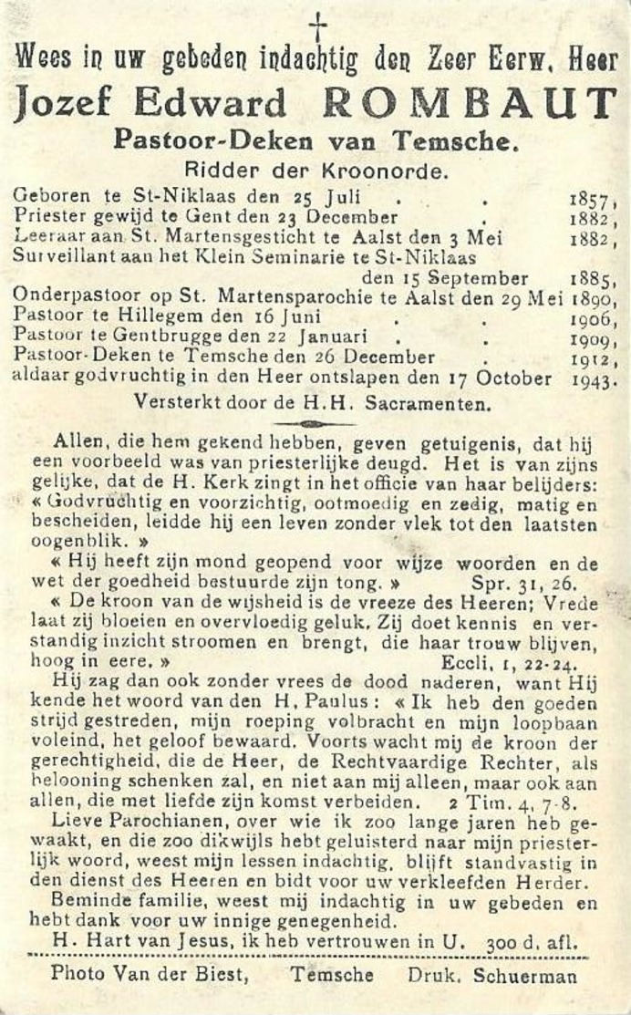 Doodsprentje Van Z.E.H. Jozef ROMBAUT°  SINT-NIKLAAS 1857- *  TEMSE 1943- Pastoor-deken Te TEMSE - Religion & Esotérisme