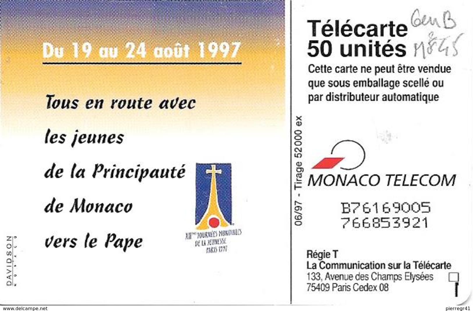 CARTE-PUBLIC-MONACO-MF 45a-GEMB-06/97-XIIe JMJ-Série 9005-UTILISE-TBE - Monace