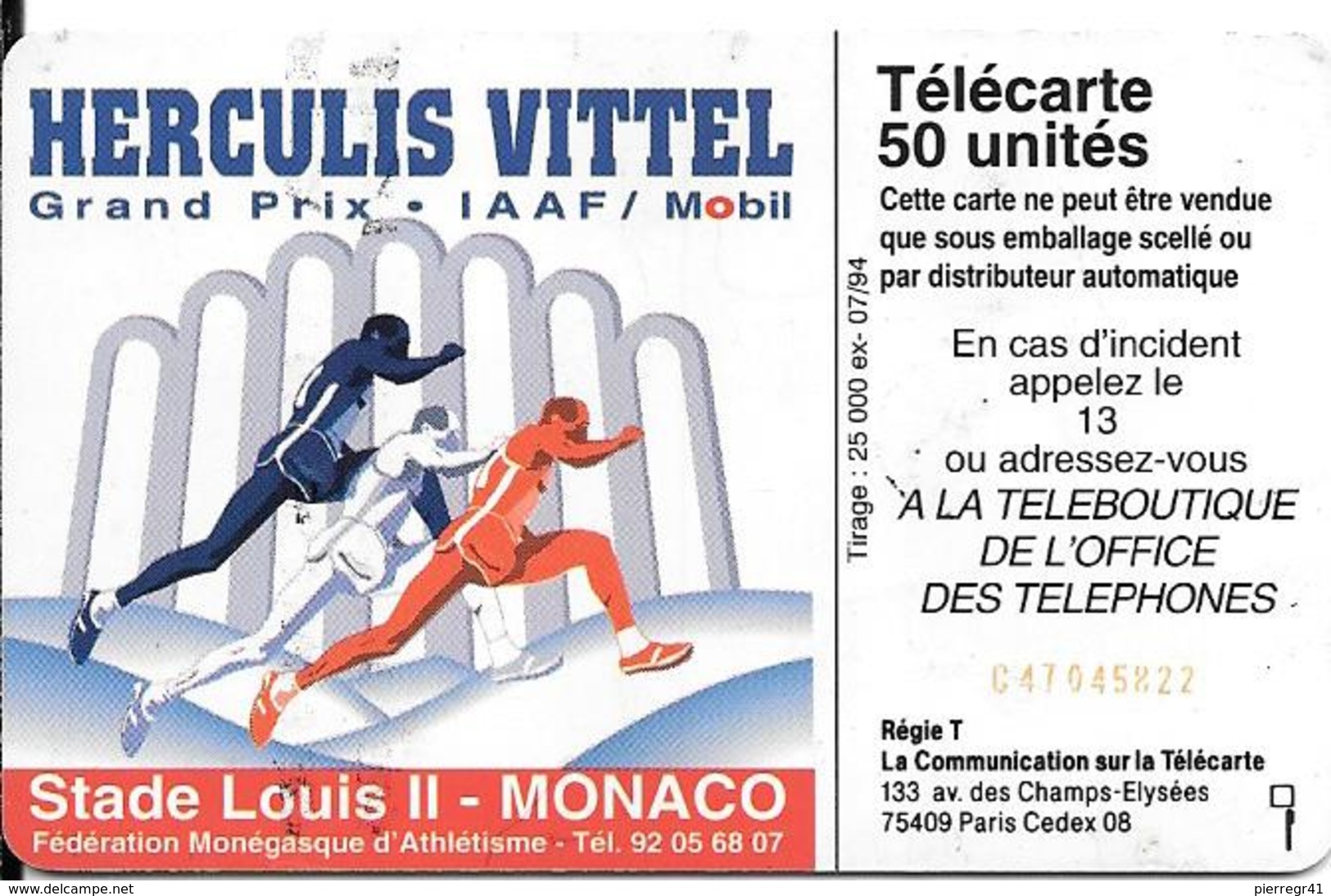 CARTE-PUBLIC-MONACO-MF30-50U-SC7-07/94-HERCULIS94-V° N° Série C47045822-UTILISE-TBE - Monace