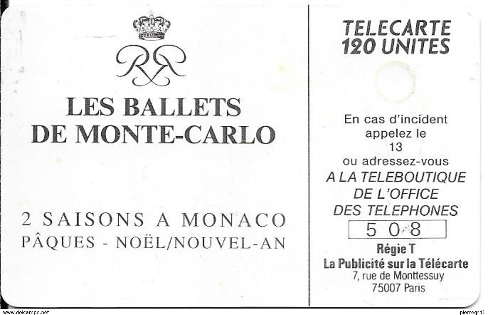 CARTE-PUBLIC-MONACO-120U-MF 09-GEM A-BALLETS De MONTE CARLO--UTILISE-TBE - Monace