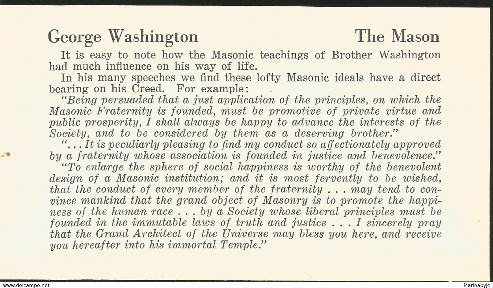 J) 1971 UNITED STATES, THE MASON GEORGE WASHINGTON, MASONIC GRAND LODGE, ON CARBOARD - Andere & Zonder Classificatie