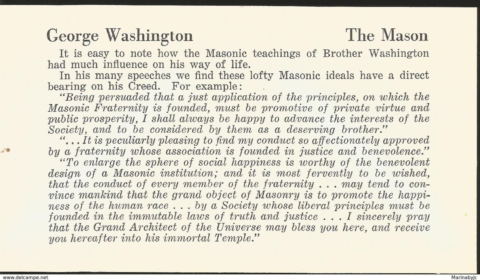 J) 1971 UNITED STATES, THE MASON GEORGE WASHINGTON, MASONIC GRAND LODGE, ON CARBOARD - Otros & Sin Clasificación