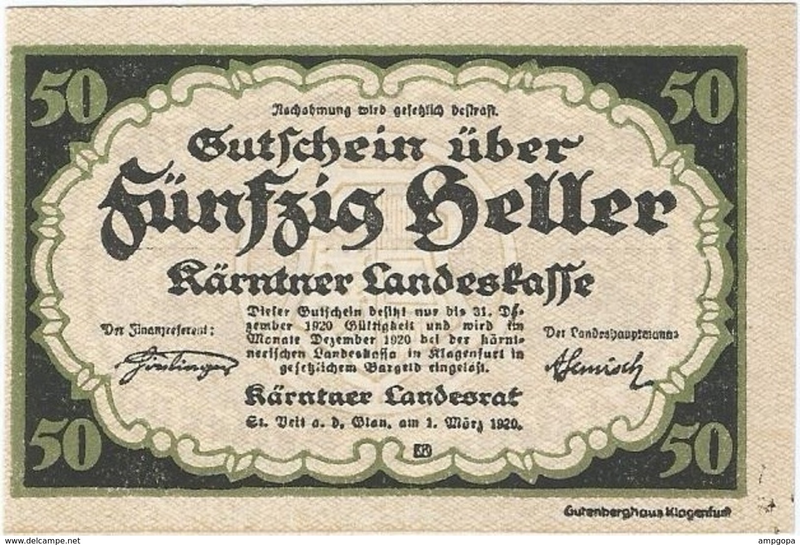 Austria (NOTGELD) 50 Heller Kärntner 1-3-1920 Kon 427 3 UNC Ref 3597-1 - Austria