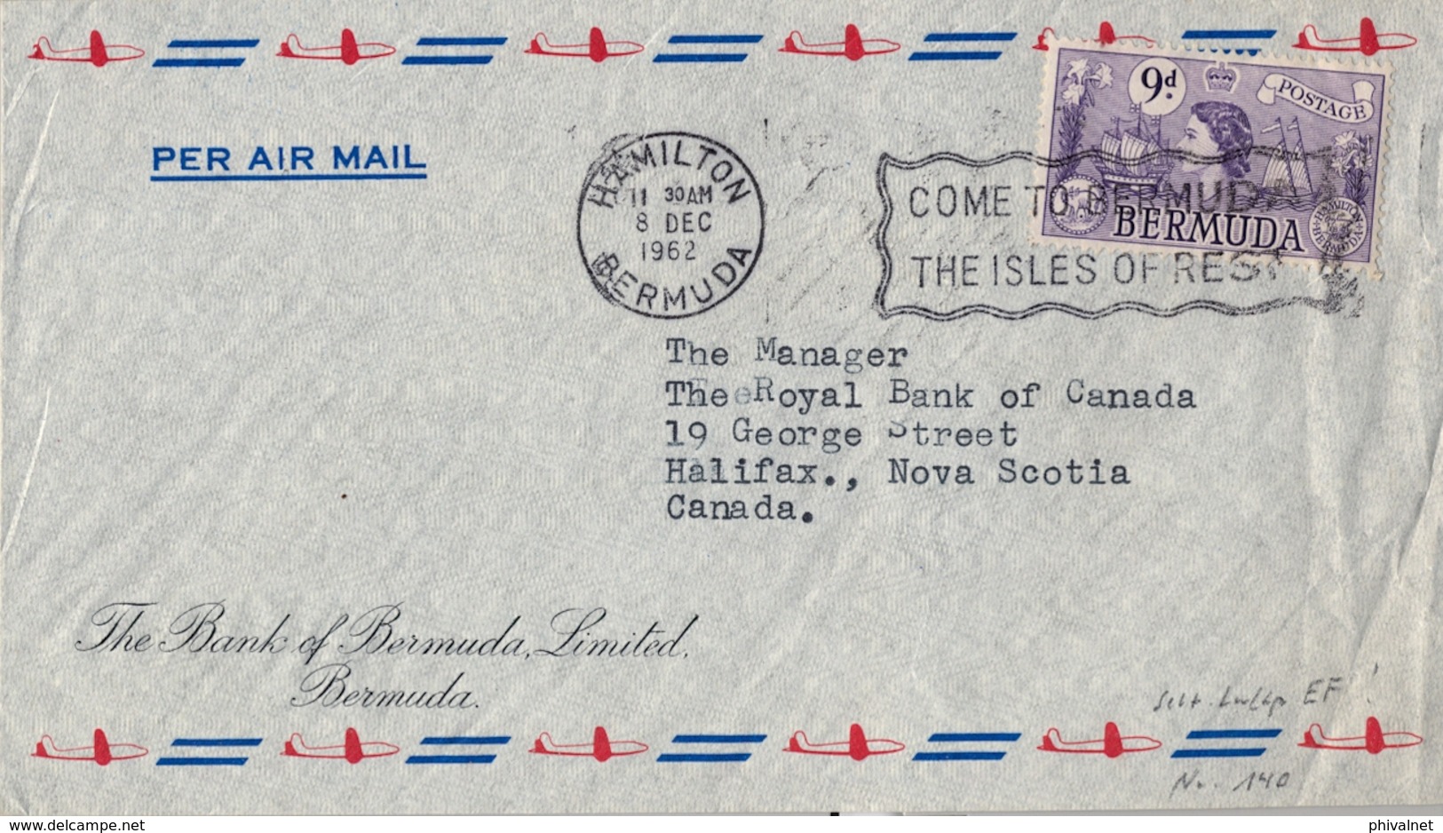 1962 , BERMUDA , SOBRE CIRCULADO , HAMILTON - HALIFAX , THE BANK OF BERMUDA LIMITED - Bermudas