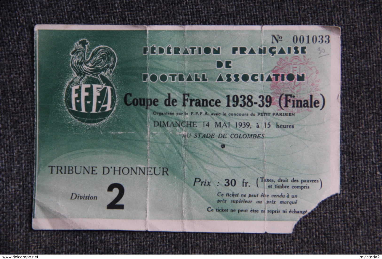 Ticket D'entrée Football - Finale De La Coupe De FRANCE 1938/1939, Racing Club Paris / Olympique LILLOIS. - Tickets - Entradas