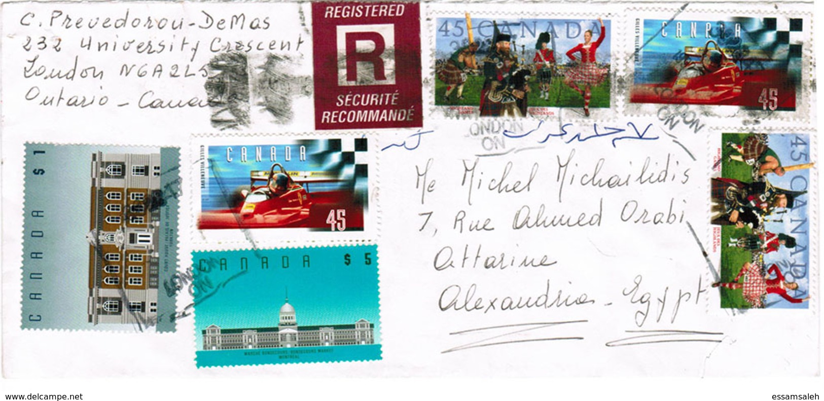 CAS14651 Canada 1997 Registered Cover Franking Combination 7.8$ - Addressed Egypt - Covers & Documents