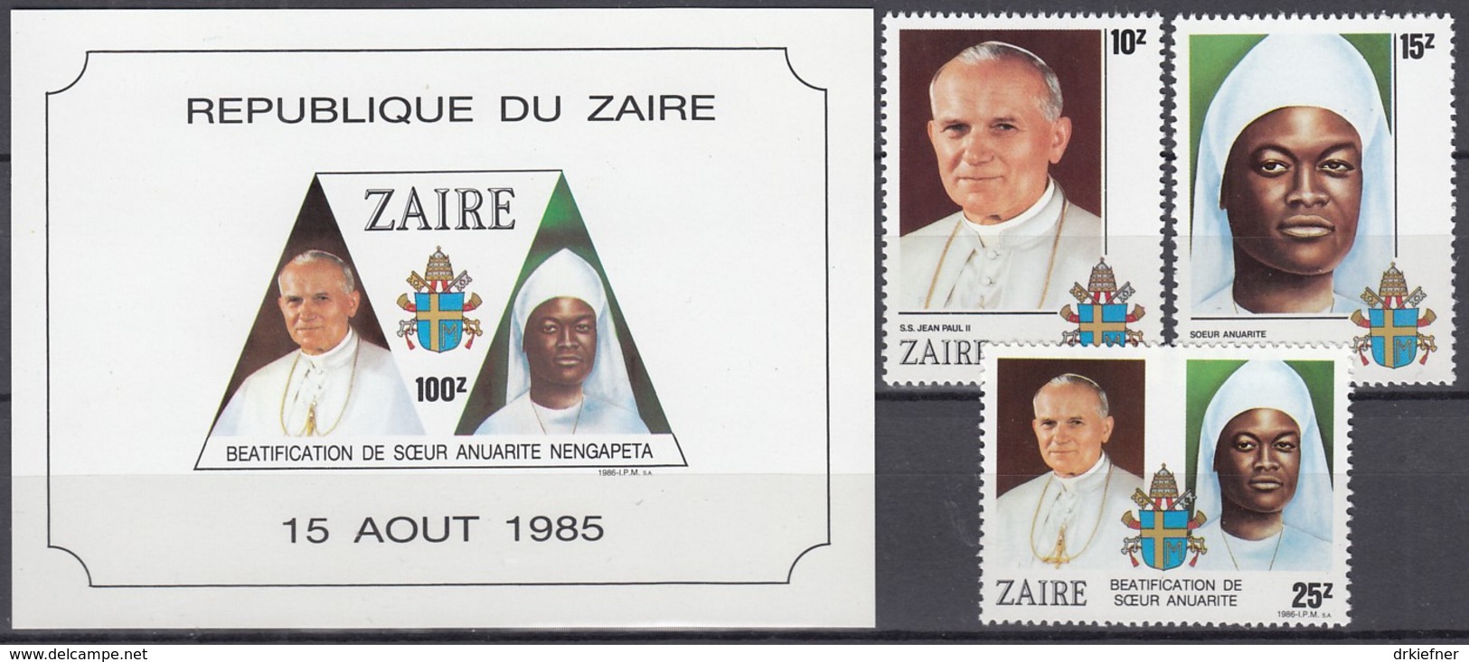 ZAIRE 928-930 + Block 56, Postfrisch **, Papst Johannes Paul II. Seligsprechung Von Schwester Anuarite Nengapeta, 1985/6 - Nuovi