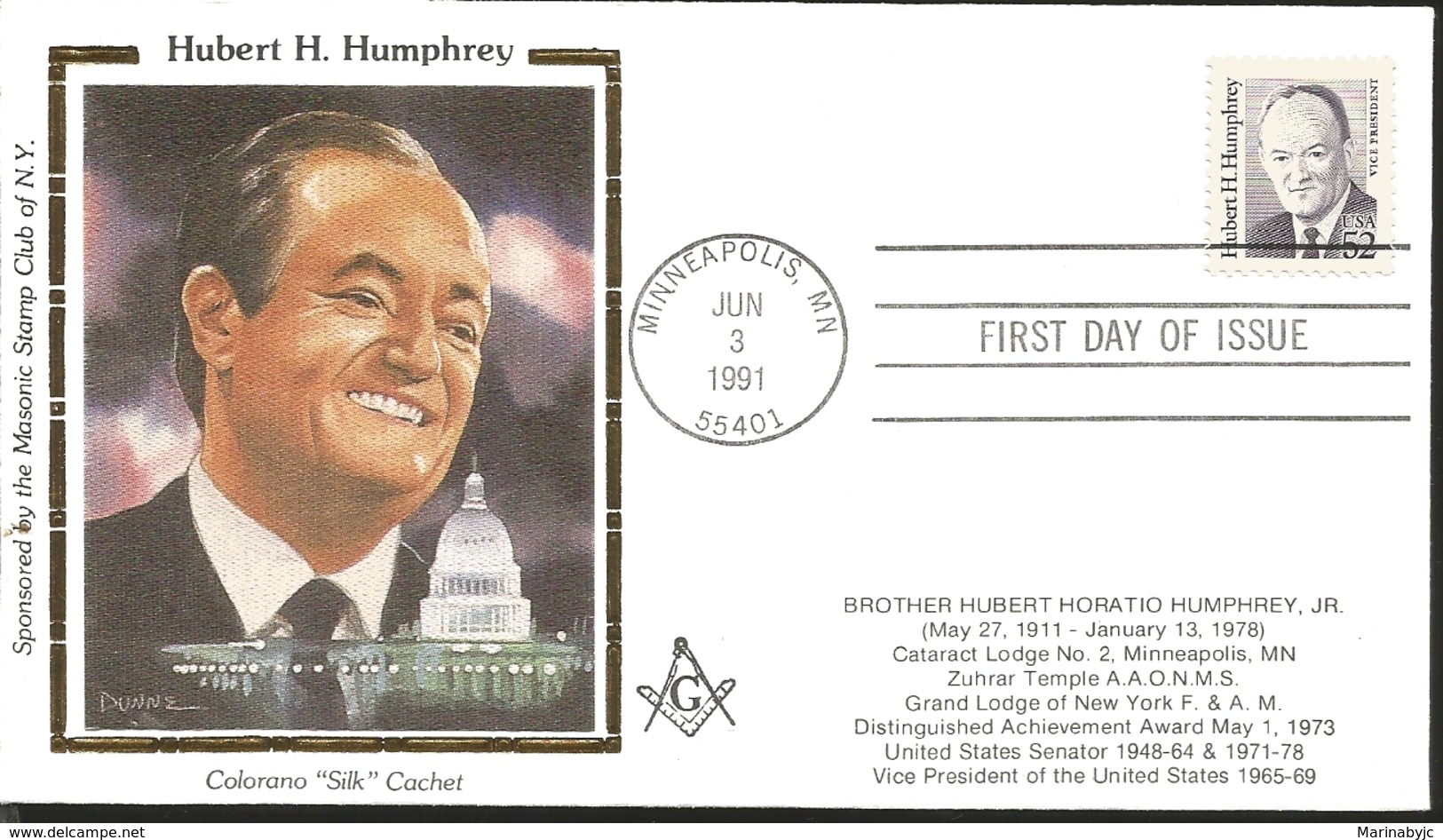 J) 1991 UNITED STATES, HUBERT H HUMPHREY, MASONIC GRAND LODGE, FDC - Altri & Non Classificati